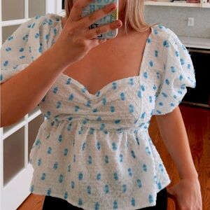 White and Blue Puff Sleeve Top Size Medium!!